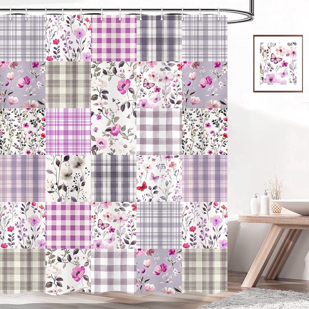 Cute Plaid Floral Shower Curtain, Boho Purple Pink Flower Fabric Shower Curtains for Bathroom, Retro Purple Pink Floral Checkered Patchwork Bath Curtain Set Washable Waterproof with 12Hooks,72X72in