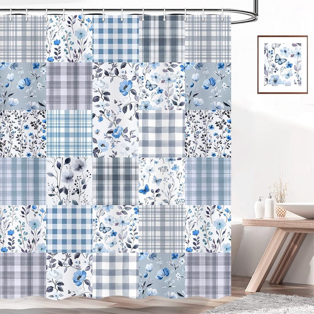 Cute Plaid Floral Shower Curtain, Boho Sage Green Flower Fabric Shower Curtains for Bathroom, Retro Pink Flower Checkered Patchwork Bath Curtain Set Washable Waterproof with 12Hooks 72X72IN