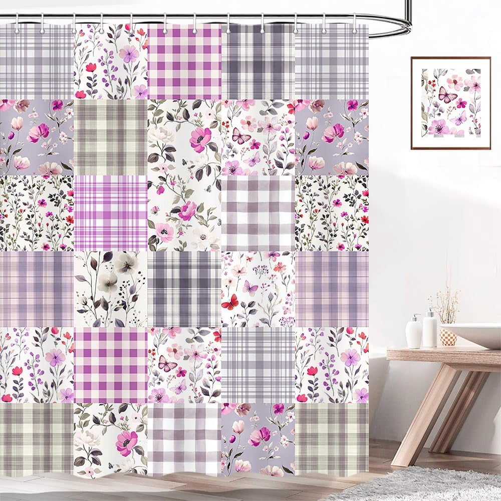Cute Plaid Floral Shower Curtain, Boho Sage Green Flower Fabric Shower Curtains for Bathroom, Retro Pink Flower Checkered Patchwork Bath Curtain Set Washable Waterproof with 12Hooks 72X72IN