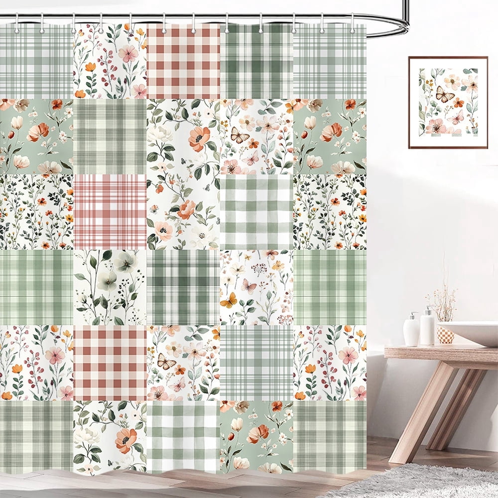 Cute Plaid Floral Shower Curtain, Boho Sage Green Flower Fabric Shower Curtains for Bathroom, Retro Pink Flower Checkered Patchwork Bath Curtain Set Washable Waterproof with 12Hooks,36X72in