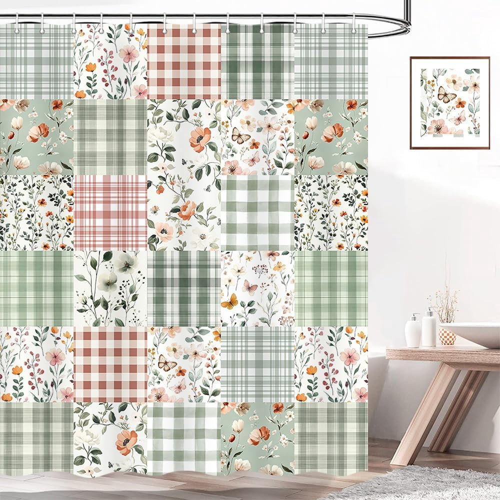 Cute Plaid Floral Shower Curtain, Boho Sage Green Flower Fabric Shower Curtains for Bathroom, Retro Pink Flower Checkered Patchwork Bath Curtain Set Washable Waterproof with 12Hooks 72X72IN