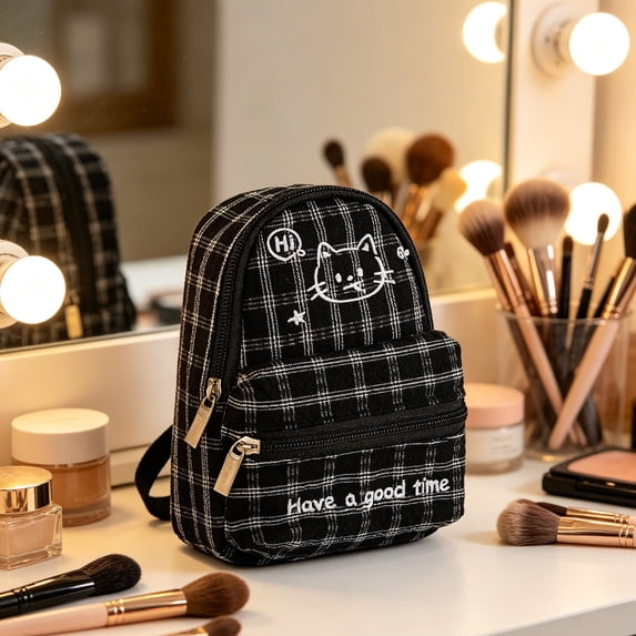 Cute Plaid Mini Backpack Coin Purse for Women, Small Zipper Wallet Keychain Pouch, Lightweight Aesthetic Cosmetic Organizer Bag for Makeup Keys Cards Data Cables Everyday Decoration Travel