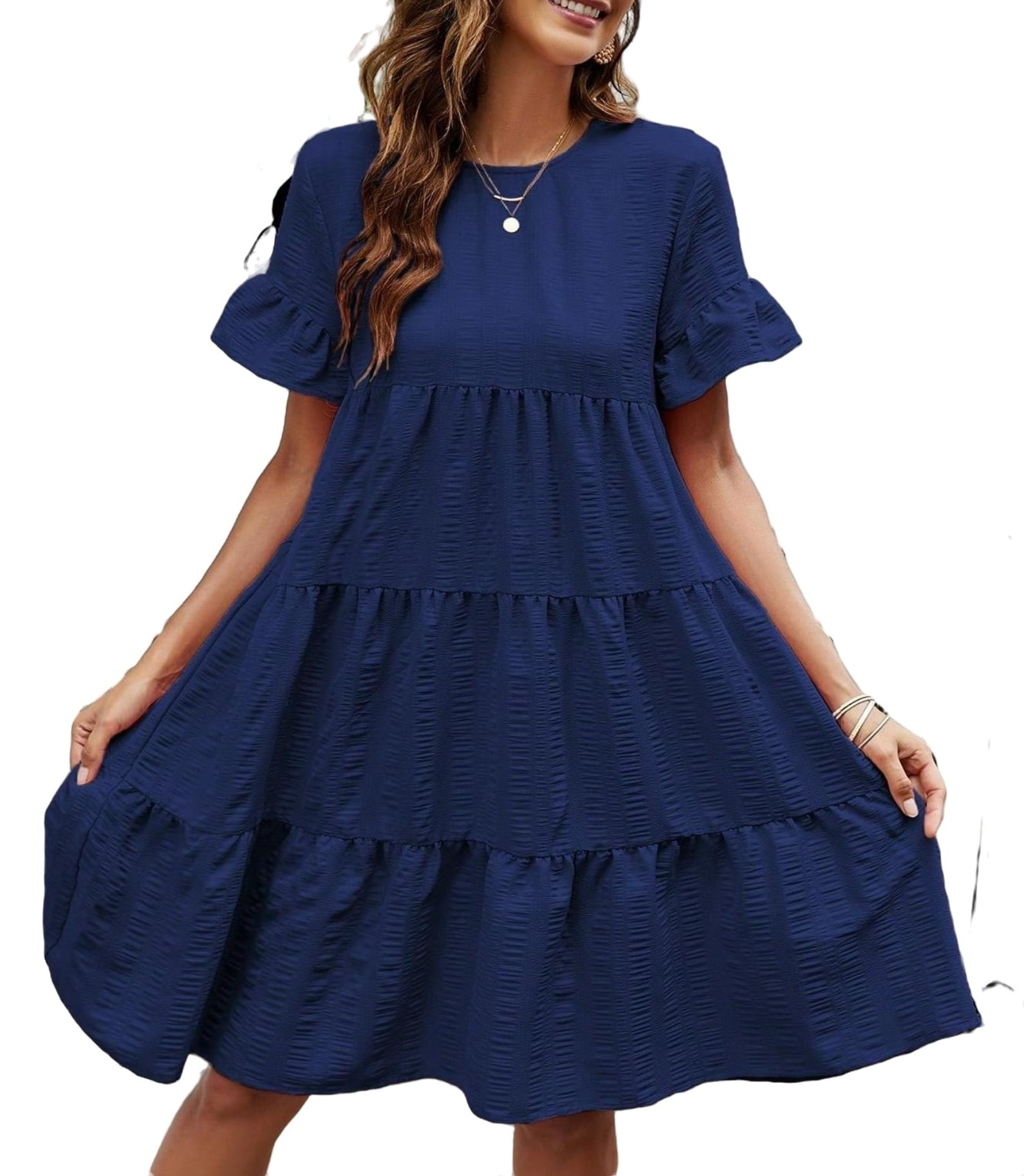 Cute Plain Round Neck Smock Short Sleeve Navy Blue Women Dresses Women s