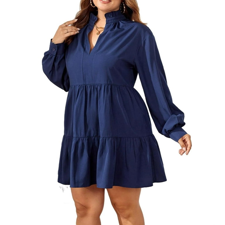 Cute Plain Smock Dress Notched Neck Navy Blue Plus Size Dresses
