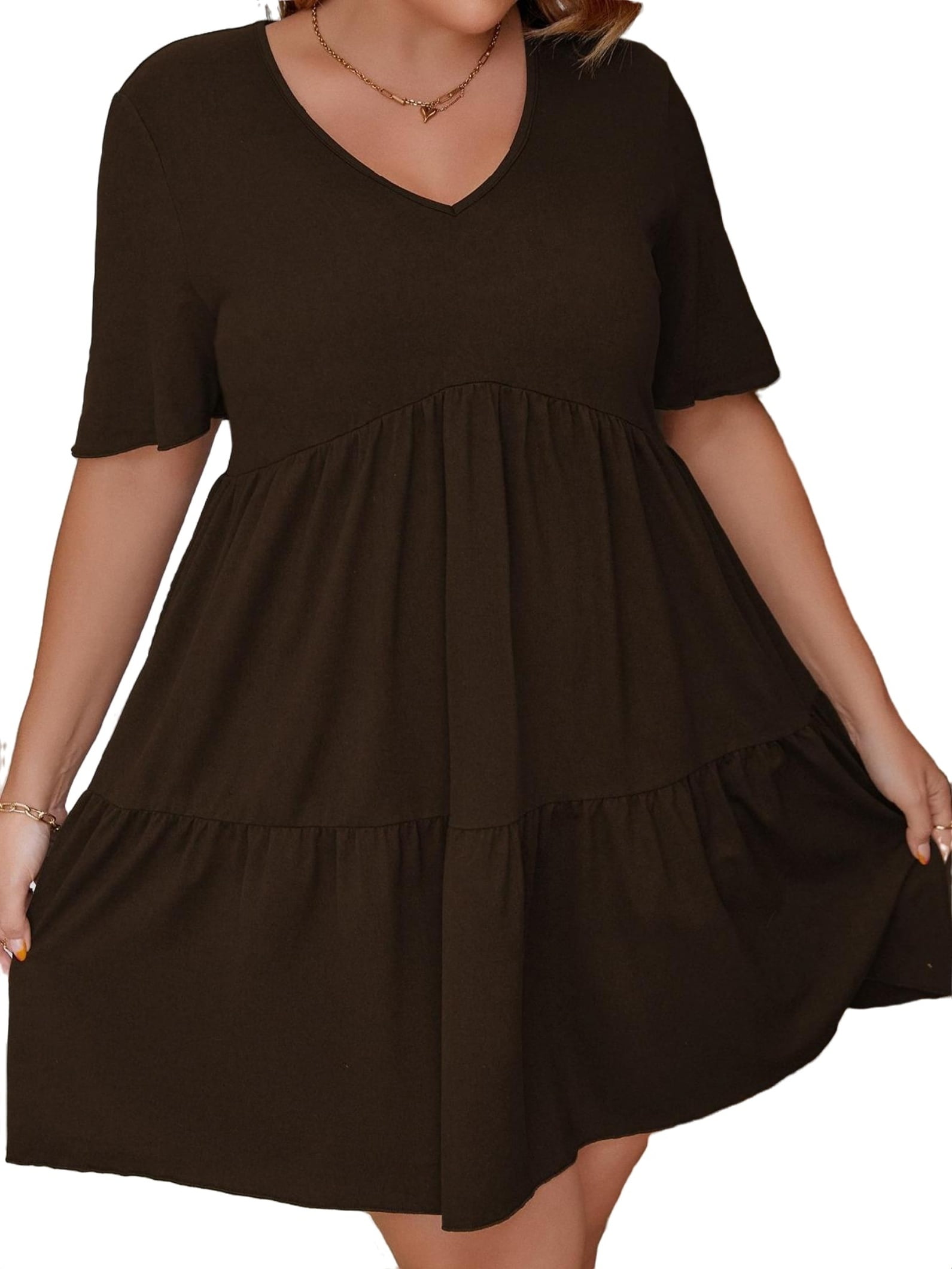 Cute Plain Smock Dress V neck Chocolate Brown Plus Size Dresses -  Walmart.com