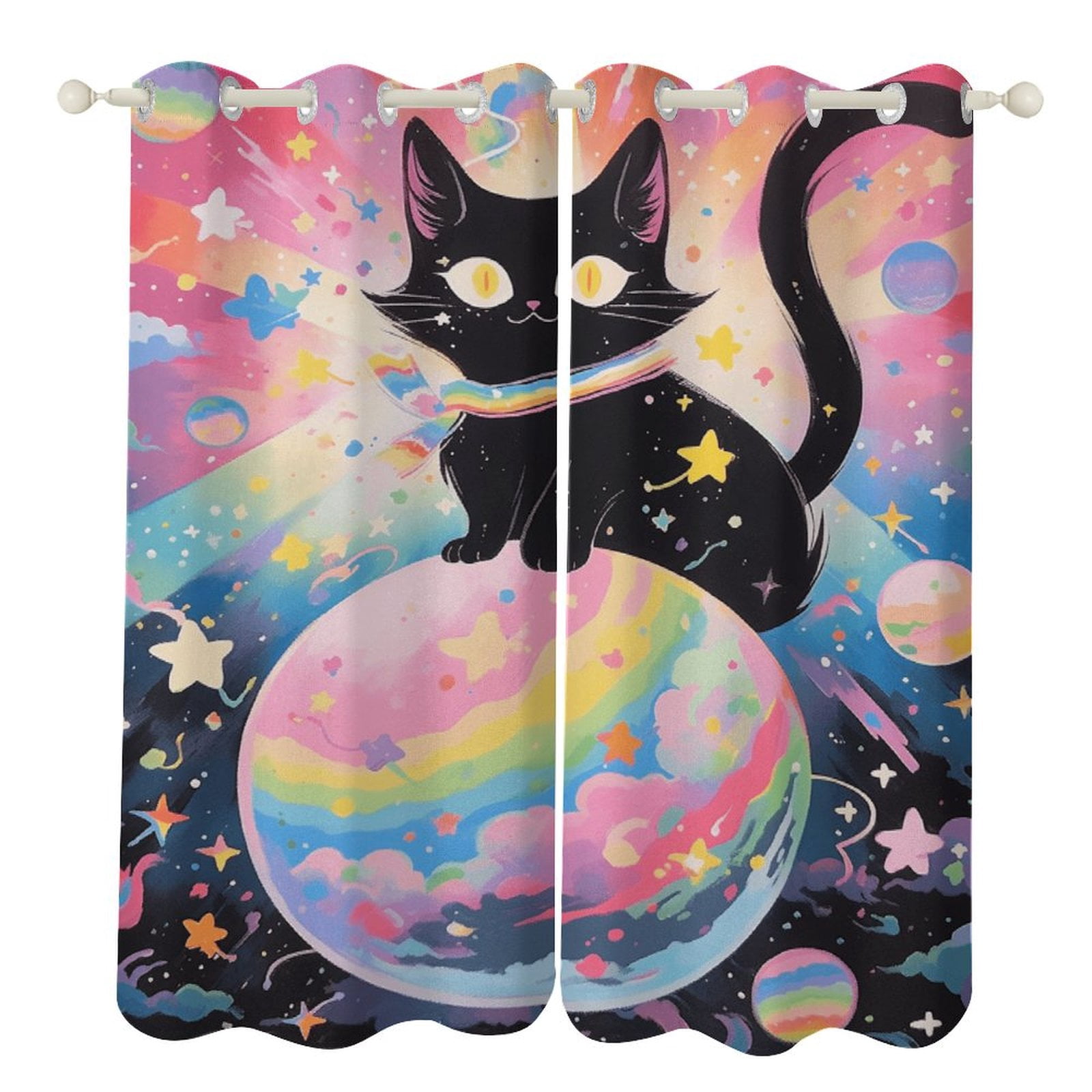 Cute Planet Cat 2 Panel Curtain Set, Watercolor Painting Window Treatment Living Room Bedroom ...