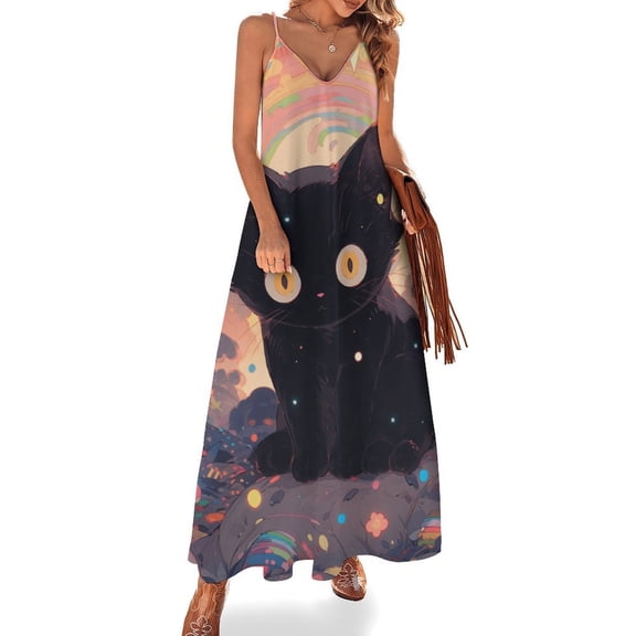 Cute Planet Cat Design Sleeveless Dress Woman Fashion Long Dresses Women's Summer Suit Dress 2025