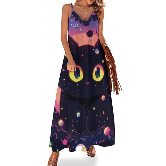 Cute Planet Cat Design Sleeveless Dress Woman Fashion Long Dresses Women's Summer Suit Dress 2025