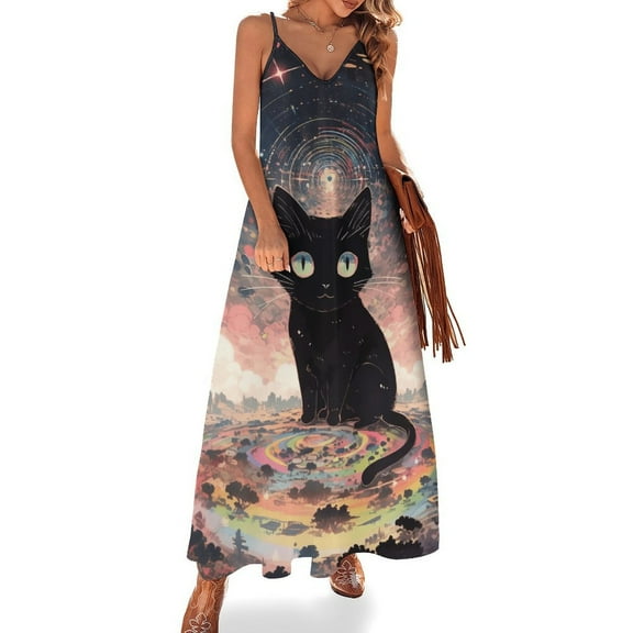 Cute Planet Cat Design Sleeveless Dress Woman Fashion Long Dresses Women's Summer Suit Dress 2025