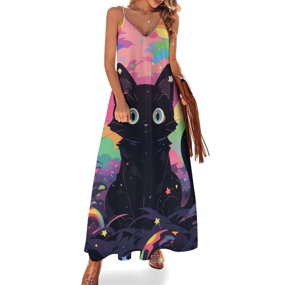 Cute Planet Cat Design Sleeveless Dress Woman Fashion Long Dresses Women's Summer Suit Dress 2025