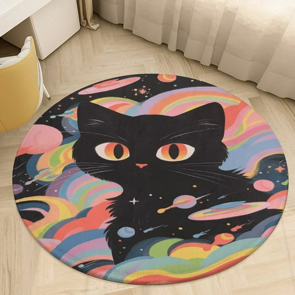 Cute Planet Cat Floral Medallion Round Rug - Small Round Area Rug, Soft Non-Slip Machine Washable Bedroom Mat Indoor Accent Entry Carpet for Office Desk Dorm Hallway