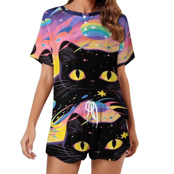Cute Planet Cat Pajama Set for Women 2 Piece Sleepwear Loungewear Short Sleeve