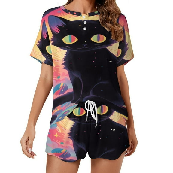 Cute Planet Cat Print Women'S Pajamas Set Summer Sleepwear Sets 2 Piece Lounge Set