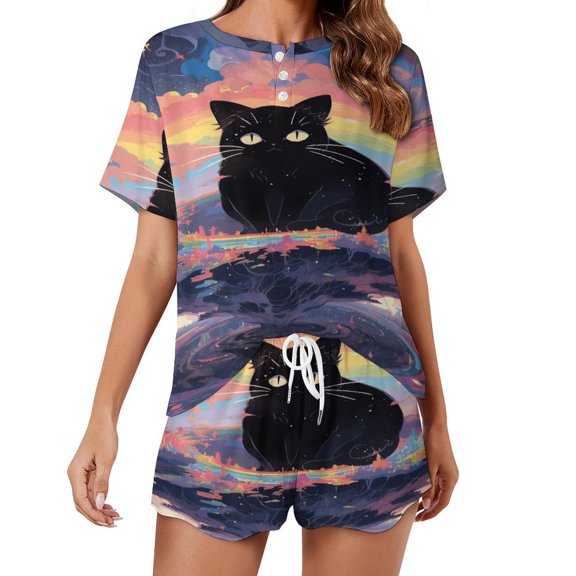 Cute Planet Cat Print Women'S Pajamas Set Summer Sleepwear Sets 2 Piece Lounge Set