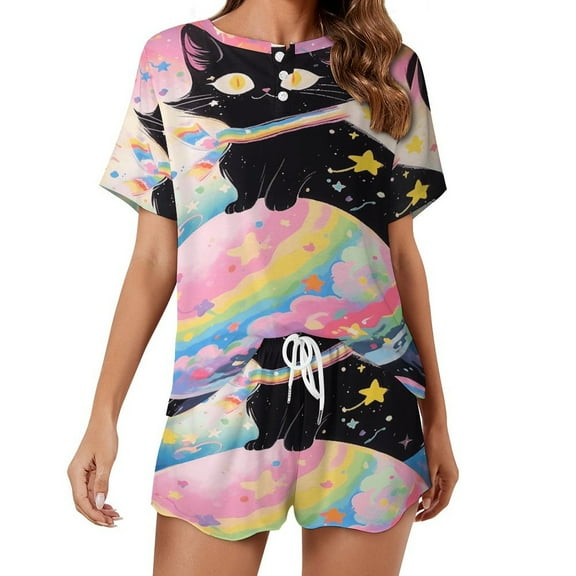 Cute Planet Cat Print Women'S Pajamas Set Summer Sleepwear Sets 2 Piece Lounge Set