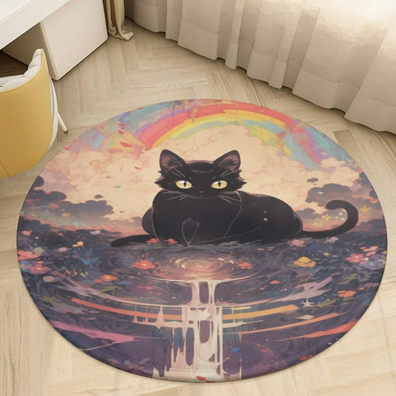 Cute Planet Cat Round Rugs -Washable Non-Slip Small Round Area Rug Throw Soft Circle Rugs for Bedroom, Modern Print Indoor Carpet for Entryway Sofa Living Room
