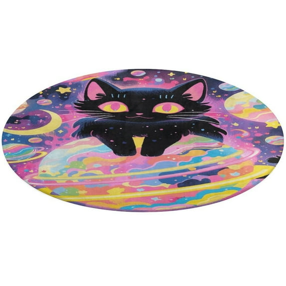 Cute Planet Cat Round Small Area Rug, Print Non Slip Washable Floor Mat, Soft Throw Rug for Living Room, Powder Room Entryway, Bathroom, Bedside