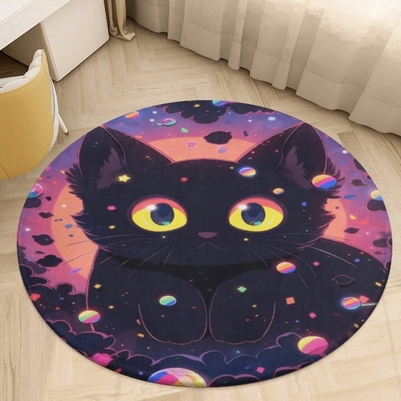 Cute Planet Cat Soft Bedroom Round Area Rug, Washable Cute Nursery Circle Throw Mat, Non-Slip Contemporary Small Low Pile Floor Carpet for Dorm Bedside