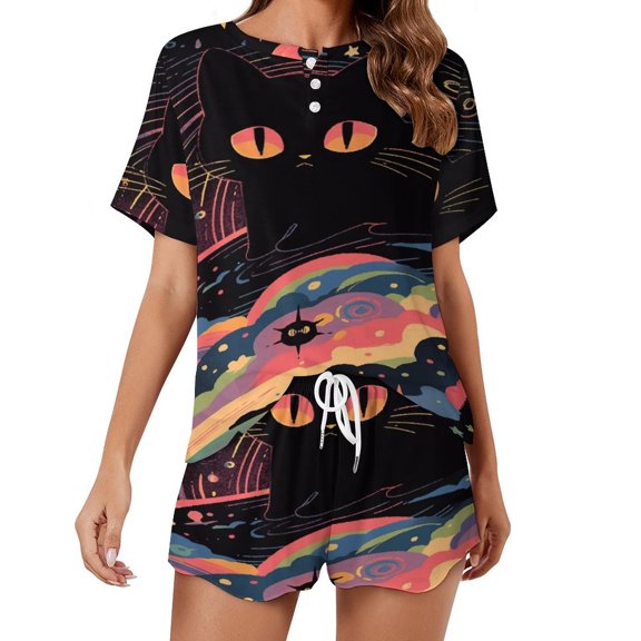 Cute Planet Cat Women's Ruffle Short Sleeve Tops And Shorts Cute Peeps Bunny Pajamas Sets