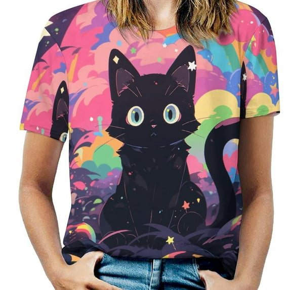 Cute Planet Cat Women's Short Sleeve T-Shirt Crew Neck Casual Summer Trendy Loose Fit Tops