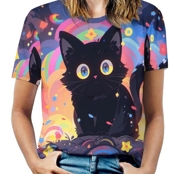 Cute Planet Cat Women's Short Sleeve T-Shirt Crew Neck Casual Summer Trendy Loose Fit Tops