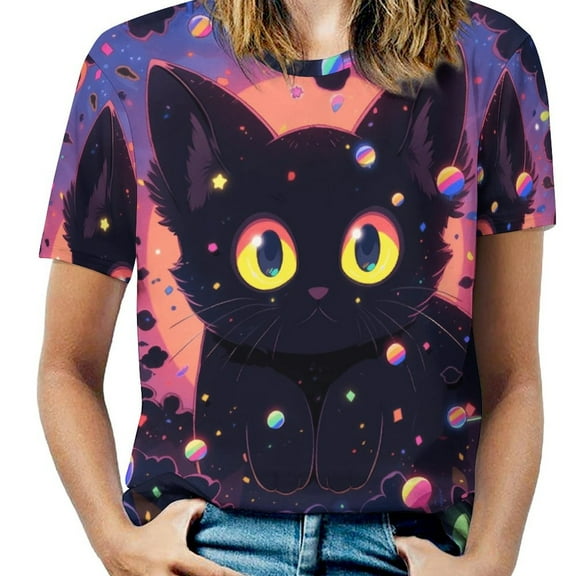 Cute Planet Cat Women's Short Sleeve T-Shirt Crew Neck Casual Summer Trendy Loose Fit Tops