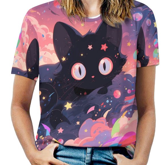 Cute Planet Cat Women's Short Sleeve Tops Casual Blouses T Shirt
