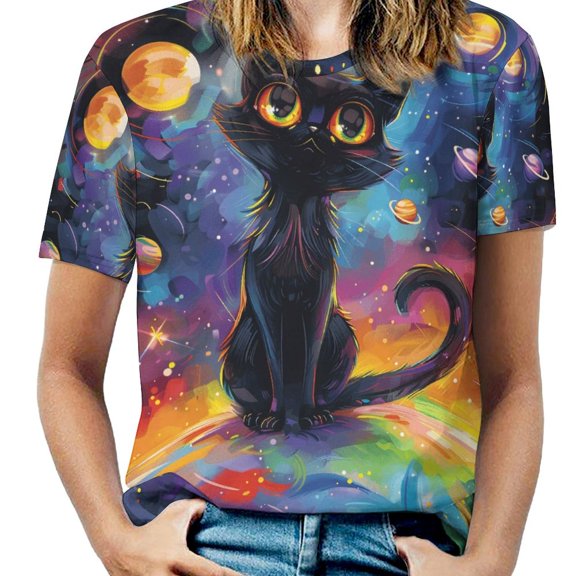 Cute Planet Cat Women's Short Sleeve Tops Casual Blouses T Shirt