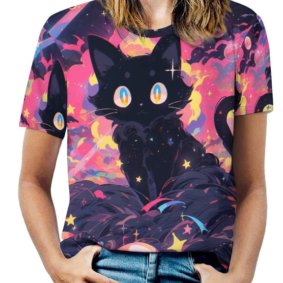 Cute Planet Cat Women's Short Sleeve Tops Casual Blouses T Shirt