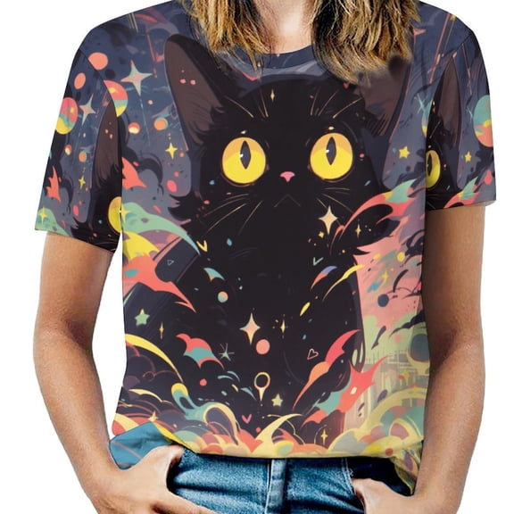 Cute Planet Cat Womens Tops Women's Fashion Casual Short Sleeve Flower Print Round Neck Pullover Top Blouse