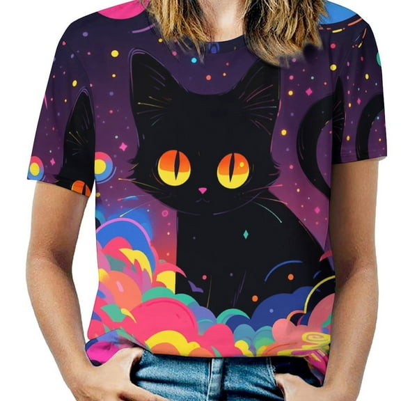 Cute Planet Cat Womens Tops Women's Fashion Casual Short Sleeve Flower Print Round Neck Pullover Top Blouse