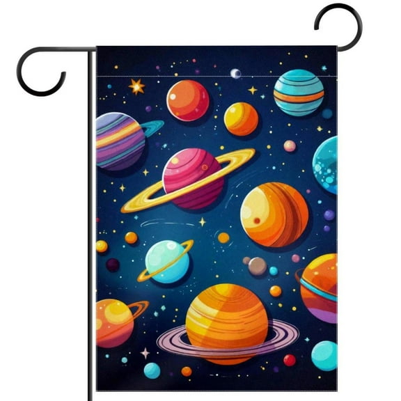 Cute Planets Solar System Space with Stars Pattern Double Sided Garden Flag Decorative Weather Resistant Yard Flag, Large DIY Vertical Flag for Farmhouse Patio Lawn, 28x40 Inch