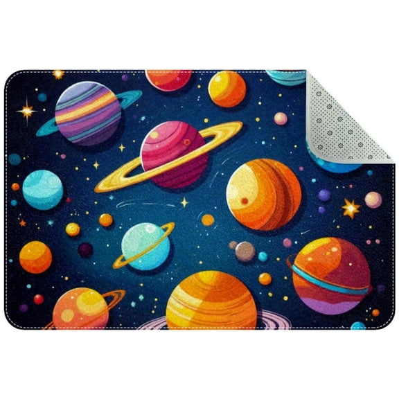Cute Planets Solar System Space with Stars Pattern Small Area Rug, Non-Slip Door Mat Indoor Floor Mat, Washable Kitchen Rug Entrance DMat for Bedroom Living Room