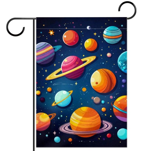 Cute Planets Solar System Space with Stars Pattern Welcome Garden Flags, 12 x 18 Inch Double Sided Outdoor Yard Flags Waterproof For Home Outside Patio Lawn Porch