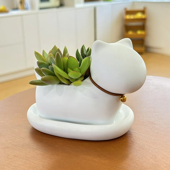 Cute Plant Pots Animal-Shaped Flower Pots Desktop Decorative Ornaments Suitable For Home Desks (Cat Style), Cat Ceramic Flower Pot With Bell Decoration & Leak-Proof Tray, Small