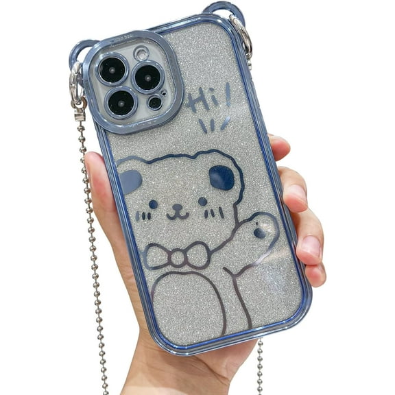 Cute Plating Case for iPhone 13 Pro Max 6.7", Cartoon Blue Teddy Bear Sparkle Bling Cover with Metal Chain Strap, Fashion Soft TPU Shockproof, Phone Case Suitable for Women & Girls