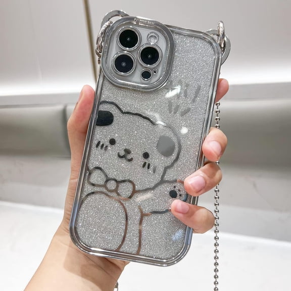 Cute Plating Case for iPhone 13 Pro Max 6.7", Cartoon Silver Teddy Bear Sparkle Bling Cover with Metal Chain Strap, Fashion Soft TPU Shockproof, Phone Case Suitable for Women & Girls
