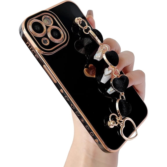 Cute Plating Love Heart Wrist Strap Chain Bracelet Soft Compatible with iPhone Case for Women Girls (Black,iPhone 14)