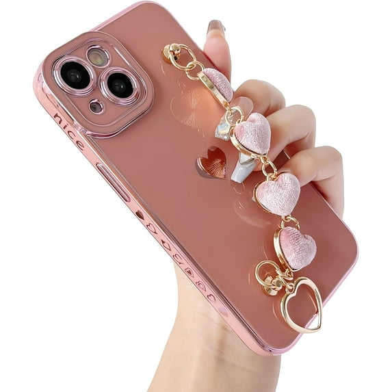 Cute Plating Love Heart Wrist Strap Chain Bracelet Soft Compatible with iPhone Case for Women Girls (Pink,iPhone 13)