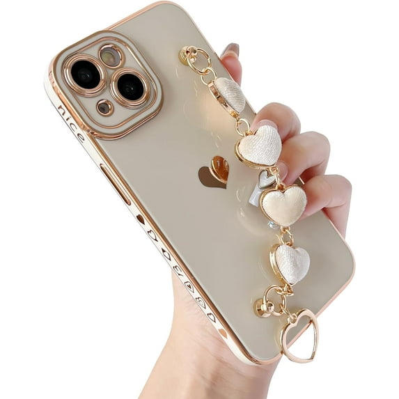 Cute Plating Love Heart Wrist Strap Chain Bracelet Soft Compatible with iPhone Case for Women Girls (White,iPhone 15 Pro Max)