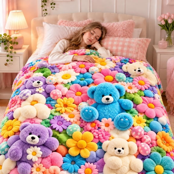 Cute Plush 3D Throw Blanket, 2027 New 3D Cozy Teddy Blanket, Plush Flannel Cozy Throws for Bedroom Couch Sofa Chair