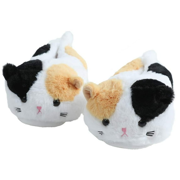 Cute Plush Animal Winter Women's Fat cat plush sneaker slippers Indoor Warm Slippers (US 5-7, White Cat)