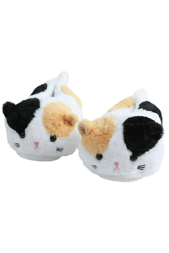 Cute Plush Animal Winter Women's Fat cat plush sneaker slippers Indoor Warm Slippers (US 8-10, White Cat)