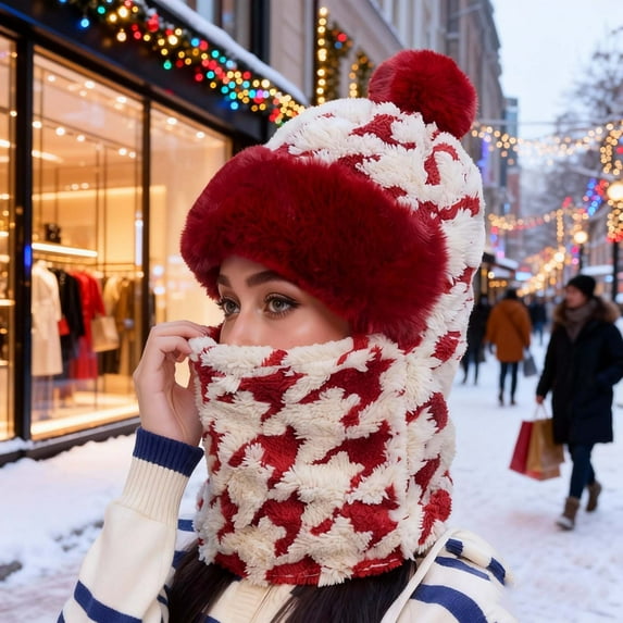 Cute Plush Beanie Hat with Scarf, Windproof Thick Warm Hooded Ear Flap Cap for Women, All-in-One Winter Hat for Cycling, Skiing, Hiking and Outdoor Cold Weather Activities - Red
