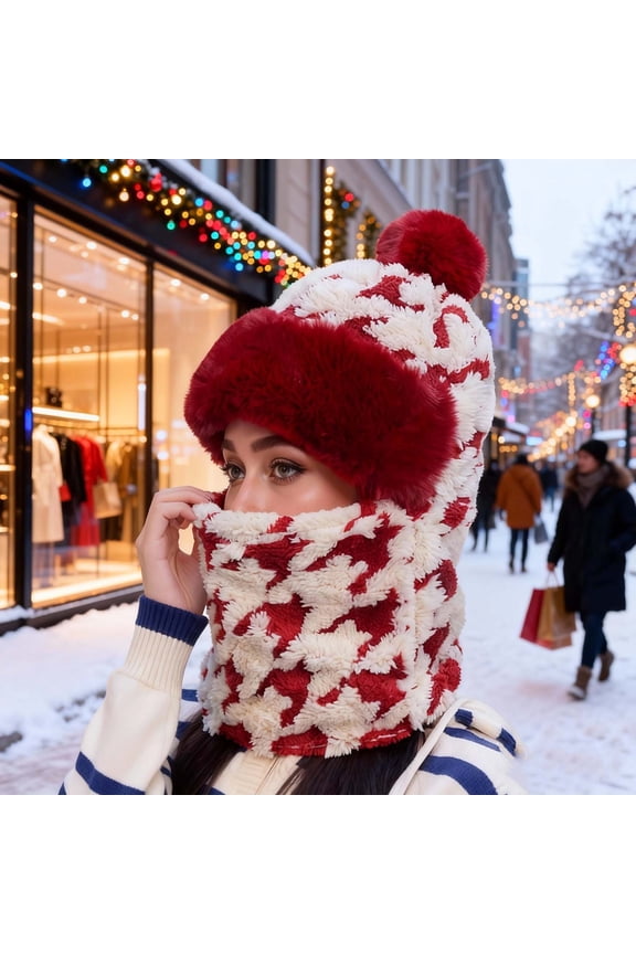 Cute Plush Beanie Hat with Scarf, Windproof Thick Warm Hooded Ear Flap Cap for Women, All-in-One Winter Hat for Cycling, Skiing, Hiking and Outdoor Cold Weather Activities - Red