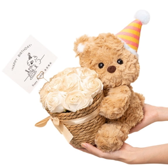 Cute Plush Bear in Flower Basket – Soft Decorative Plush Gift for Home & Bouquets Display