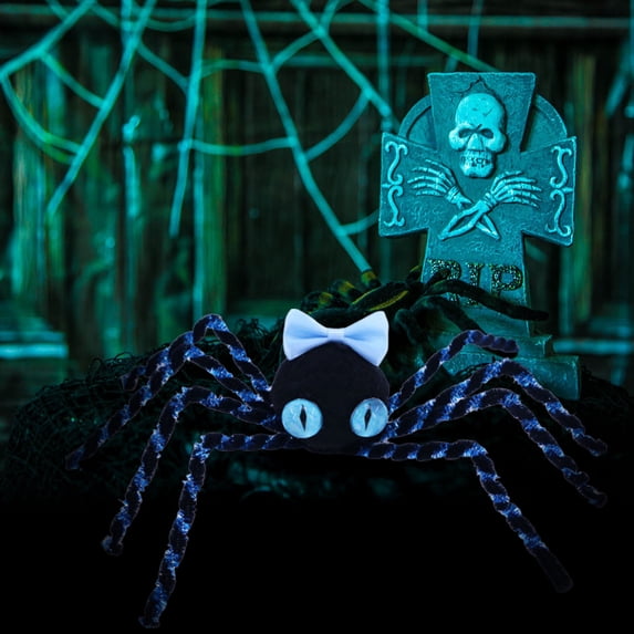 Cute Plush Black Spider with Light Blue Bow Blue Eyes Bendable Halloween Spider Figurine Sweet Spooky Gothic Tabletop Ornament Indoor Party Scene Decor