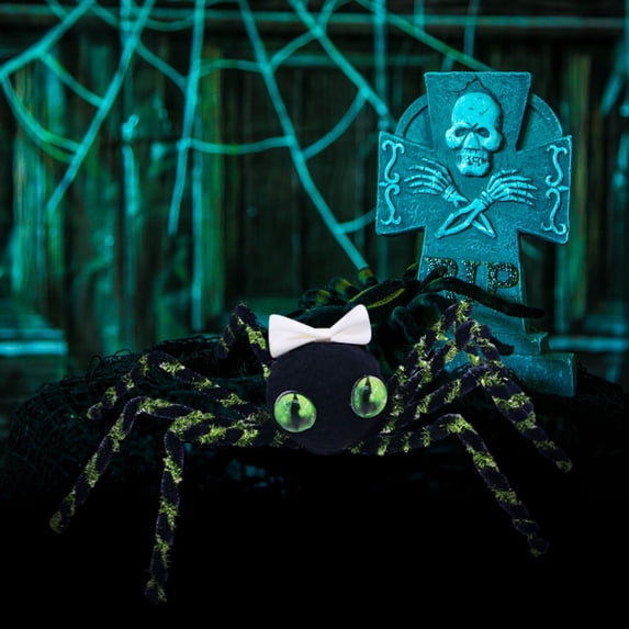 Cute Plush Black Spider with Light Green Bow Green Eyes Bendable Halloween Spider Figurine Sweet Spooky Gothic Tabletop Ornament Indoor Party Scene Decor