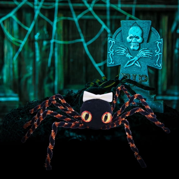 Cute Plush Black Spider with Light Orange Bow Orange Eyes Bendable Halloween Spider Figurine Sweet Spooky Gothic Tabletop Ornament Indoor Party Scene Decor