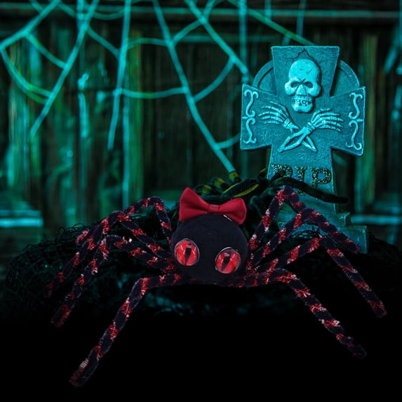 Cute Plush Black Spider with Light Red Bow Red Eyes Bendable Halloween Spider Figurine Sweet Spooky Gothic Tabletop Ornament Indoor Party Scene Decor